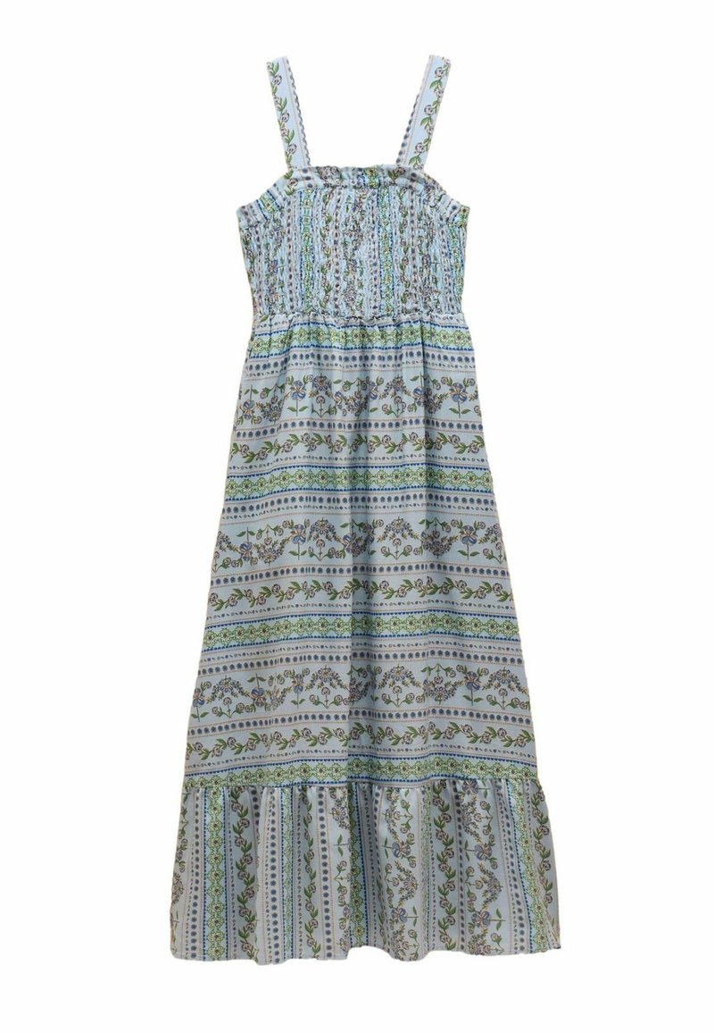 Maxi šaty s kvetinovým vzorom v svetlomodrej farbe, s elastickým korzetom, nastaviteľnými ramienkami a volánkovým lemovaním so zelenými akcentmi.