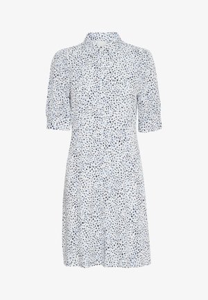 Korte mouw button-up jurk in het wit met een blauw en marineblauw gespikkeld patroon. Kenmerkt zich door een kraag, geplooide mouwen en een getailleerde taille.
