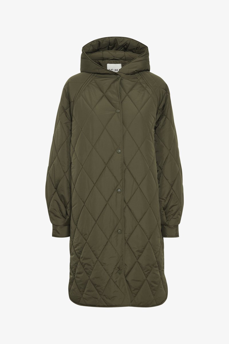 Long olive green quilted coat with a hood, featuring diamond patterns, snap buttons, and roomy puffed sleeves. Smooth, shiny texture.