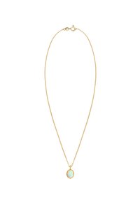 Goldene Kettenhalskette mit einem ovalen Opalanhänger, der in eine strukturierte Fassung eingefasst ist. Die Kette ist fein und zart, mit einem sicheren Karabinerverschluss.