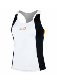 Athletic tank top featuring a white body, black sides, and an orange logo. Made of lightweight fabric with a racerback design.