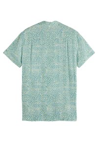 Short-sleeve shirt in light green with a geometric pattern of squares and waves. Made of soft fabric, features a relaxed fit.