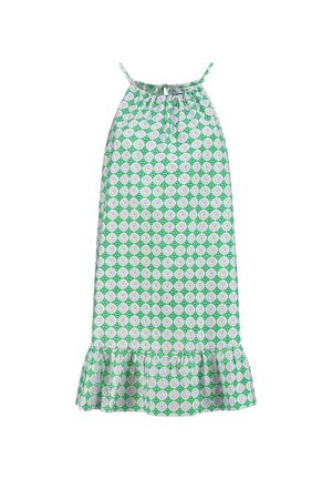 Grünes und weißes gemustertes Kleid mit verstellbaren Trägern, gerafftem Ausschnitt und Rüschensaum. Blumendesign in rosa und grünen Farbtönen.