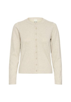 Világos bézs hosszú ujjú kardigán bordázott anyagból, kerek nyakkal, gombos elülső záródással és testhez simuló szabással.