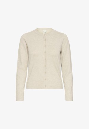 Cárdigan de manga larga en beige claro hecho de tela acanalada, con cuello redondo, cierre frontal con botones y una silueta ajustada.