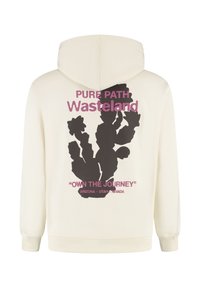 Off-white hoodie met een zwart cactusschilderij en paarse tekst: "PURE PATH Wasteland," "OWN THE JOURNEY," en vermeldt Arizona, Utah, Nevada.