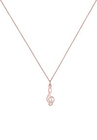 Collana in metallo rosa con catena attorcigliata e pendente a forma di chiave di violino. Il pendente presenta un design aperto e una superficie liscia.