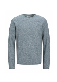 Blauer Herrenpullover mit Rundhalsausschnitt und langen Ärmeln. Das strukturierte Material weist ein dezentes Strickmuster auf und hat eine lockere Passform.