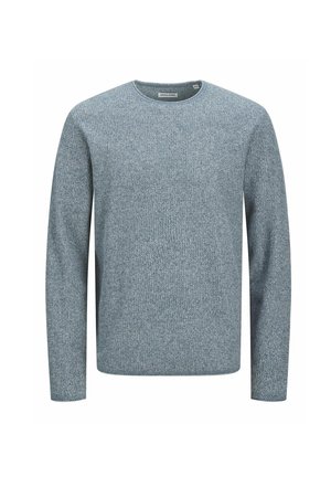 Zils vīriešu džemperis ar apaļu kakla izgriezumu un garām piedurknēm. Tekstūrēta auduma virsma izceļ maigu adījumu rakstu un brīvu piegriezumu.