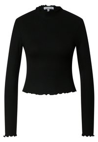 Schwarzes Langarmshirt mit strukturiertem Rippstoff, hohem Kragen und gerafften Kanten am Kragen und Saum. Figurumspielendes Design, cropped Länge.