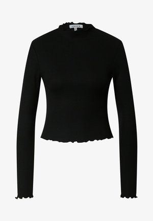 Zwarte lange mouwen top met een geribbelde textuur, hoge hals en rimpelranden bij de kraag en zoom. Strak ontwerp, cropped lengte.