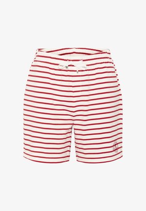 Shorts de bain rayés rouges et blancs avec une taille élastique, un cordon de serrage et un patch de logo sur le côté gauche. Texture de tissu doux.