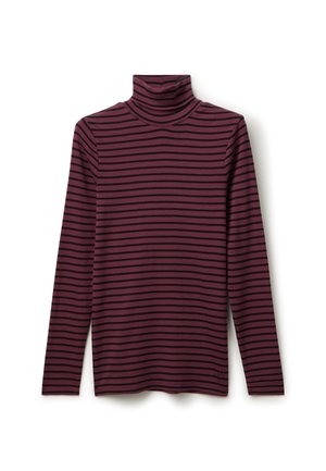 Chemise à manches longues col roulé en bordeaux avec des rayures horizontales noires. Tissu doux avec une coupe ajustée et un col haut, idéale pour le superposition.