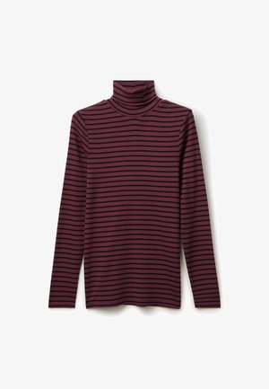 Bordeaux turtleneck shirt met lange mouwen en zwarte horizontale strepen. Zachte stof met een aansluitend ontwerp en hoge kraag, geschikt voor het creëren van lagen.