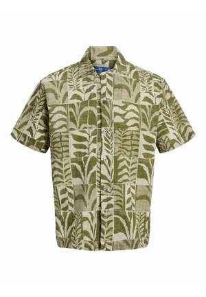 Rövid ujjú, gombos ing zöld levélmintával, bézs háttéren, gallérral és bal oldalon mellzsebbel.