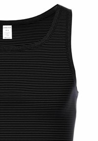 Black tank top with horizontal stripes, featuring a wide neckline and ribbed texture. Fabric appears smooth and lightweight. Label visible.
