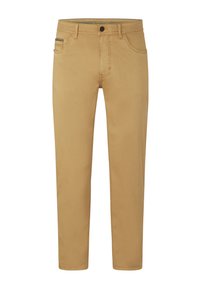 Beige cotton chinos with a slim fit, featuring a front pocket with accents, belt loops, and a zip fly. Smooth texture and clean design.