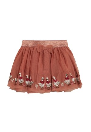 Pfirsichfarbene Tüllröcke mit bestickten weißen Gänsen, roten Schleifen und einem glitzernden Taillenbund. Verfügt über eine geschichtete Textur und ein Schleifendetail an der Taille.