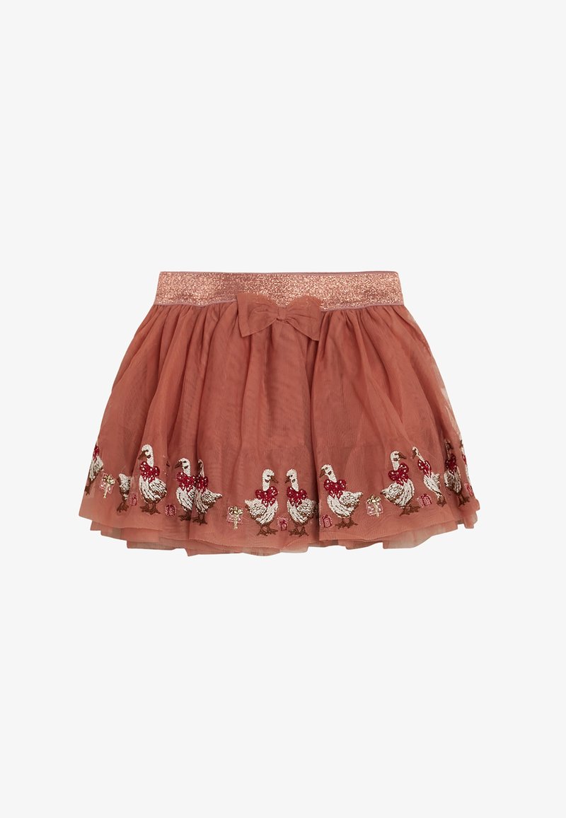 Jupon en tulle pêche avec des oies blanches brodées, des nœuds rouges et une ceinture scintillante. Présente une texture superposée et un détail en nœud à la taille.