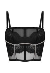 Zwarte kant bustier met dunne bandjes en decoratieve zilveren rhinestone trim langs de borst en verticale naden.