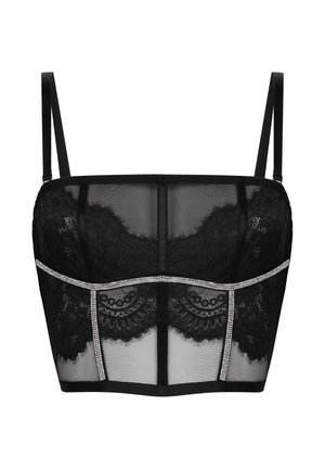 Buste en dentelle noire avec des fines bretelles et un ornement en strass argenté décoratif le long du décolleté et des coutures verticales.