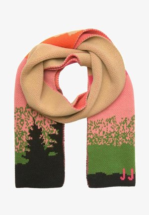 Écharpe tricotée aux couleurs beige, rose, vert, orange et noir, ornée d'un motif floral et pliée en forme de boucle.