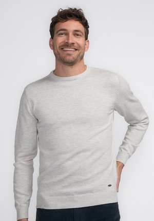 Light gray knit sweater with a crew neckline, ribbed cuffs, and hem. Features a subtle texture and a small logo accent near the bottom.