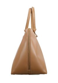 Borsa a mano triangolare in tonalità tan con una texture liscia, doppie maniglie e un dettaglio con zip dorata sul lato. Design semplice e funzionale.