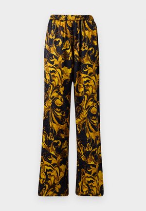 Black pants with an ornate gold floral pattern, featuring an elastic waistband and wide-leg design. Smooth texture, lightweight fabric.