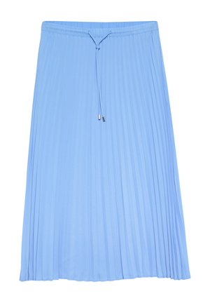 Light blue pleated midi skirt with elastic waistband and adjustable drawstring with metal aglets.
