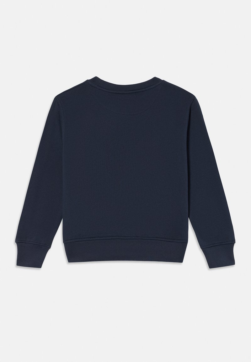 Felpa blu navy con scollo rotondo, maniche lunghe e polsini a costine. Texture liscia e dettagli di cucitura minimi all'orlo.