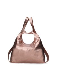 Metaalachtige roségouden tote bag met een gladde textuur, brede banden en een slungelige vorm. Heeft een grote opening en een minimalistisch ontwerp.