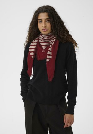 Frau mit lockigem Haar, die einen schwarzen Pullover und dunkle Hosen trägt, accessoriert mit einem rot-beigen gestreiften Schal vor einem schlichten weißen Hintergrund.