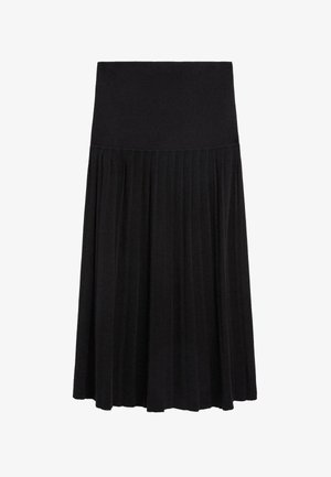 Czarna plisowana spódnica z dopasowanym paskiem w talii, wykonana z miękkiego materiału. Posiada pionowe plisy i gładką teksturę na całej powierzchni.