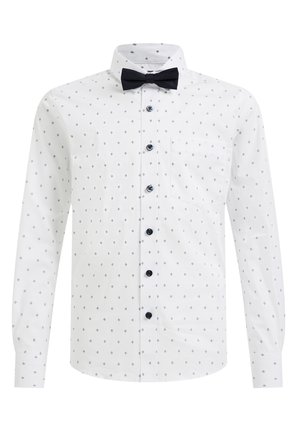 Bílá košile s dlouhými rukávy, černými knoflíky a černým mašlovým kravatovým dílem. Má malý diamantový vzor v odstínech šedé. Obsahuje kapsu na hrudi.