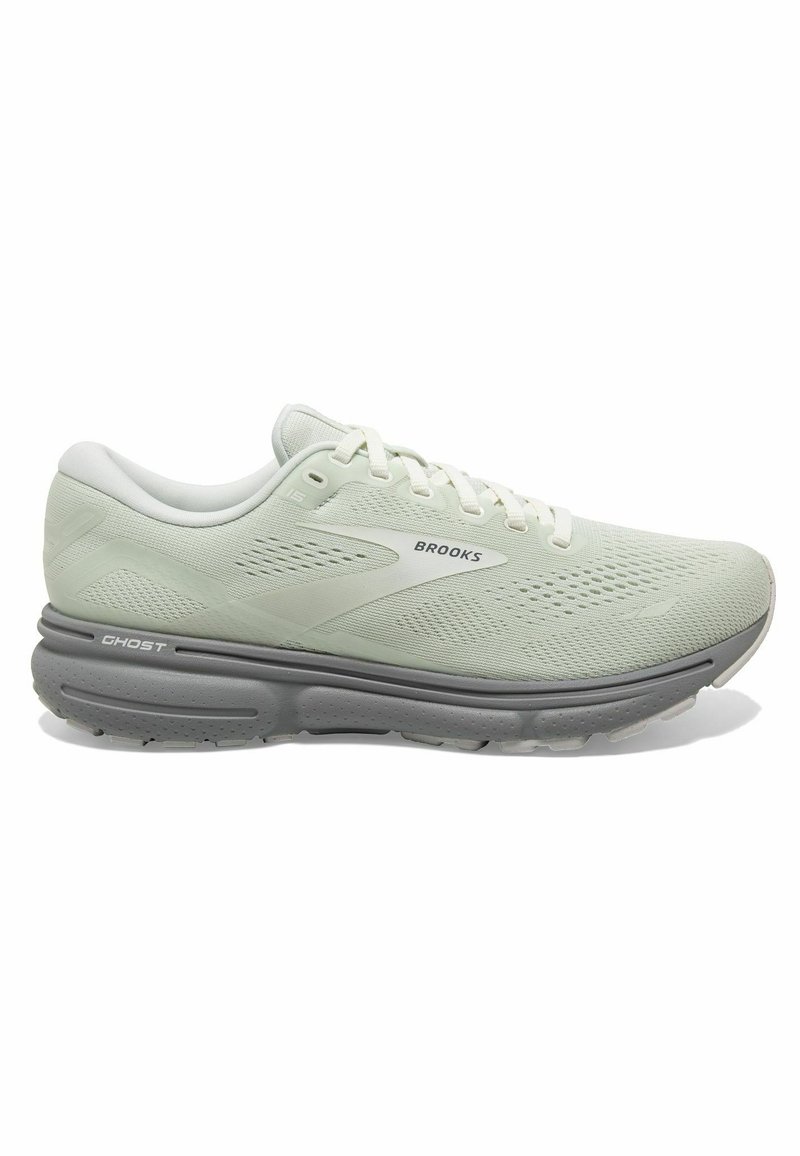 Chaussure de course Brooks Ghost 15 vert clair avec tige en mesh, lacets blancs et semelle épaisse grise amortie.