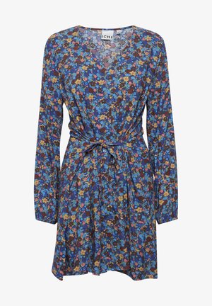 Lillekäistega lillemuster, v-kaelus, kogutud vöökoht, sinine taust ja mitmevärvilised lilled roosa, kollase ja pruuni tooni.