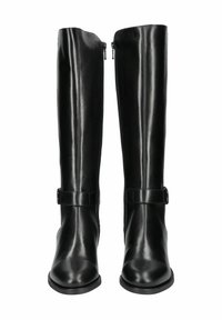 Bottes noires en cuir jusqu'aux genoux avec une texture lisse, dotées d'une fermeture éclair sur le côté et d'un accent en boucle à la cheville. Semelle plate.
