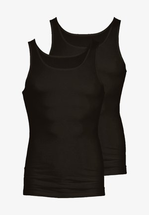 Black tank tops in a pack of two. Features a fitted design, round neckline, and smooth, stretchy fabric with no visible hardware or patterns.