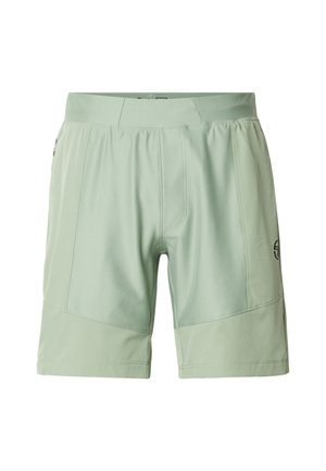 Pantalones cortos deportivos de color verde claro con una cinturilla ancha, detalles de costura en la parte frontal y un pequeño logo en la parte inferior izquierda de la pierna.