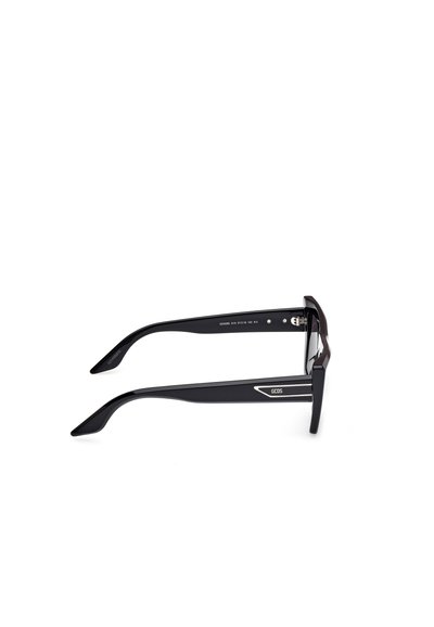 Black rectangular sunglasses with glossy plastic frames, wide temples, and a subtle silver accent on the side.