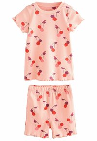 Hellrosa Kurzarm-Pyjama-Set mit einem Kirschmuster in Rot und Lila. Aus weichem Stoff gefertigt, mit einem elastischen Bund an den Shorts.