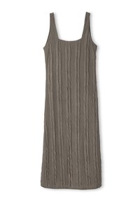Robe sans manches en tissu texturé de couleur gris discret, avec des détails en côtes verticales, présentant un décolleté carré et un ourlet droit simple.