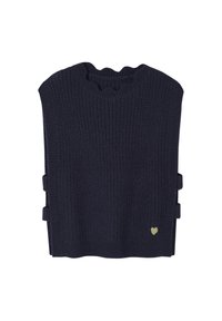 Marineblauer Strickpullover mit gerippter Textur, runder Halslinie, seitlichen Akzenten und einem kleinen goldenen Herz-Emblem am unteren Rand.