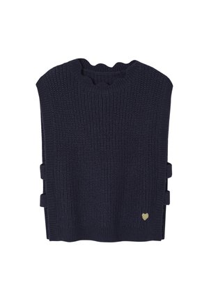 Marineblauer Strickpullover mit gerippter Textur, runder Halslinie, seitlichen Akzenten und einem kleinen goldenen Herz-Emblem am unteren Rand.