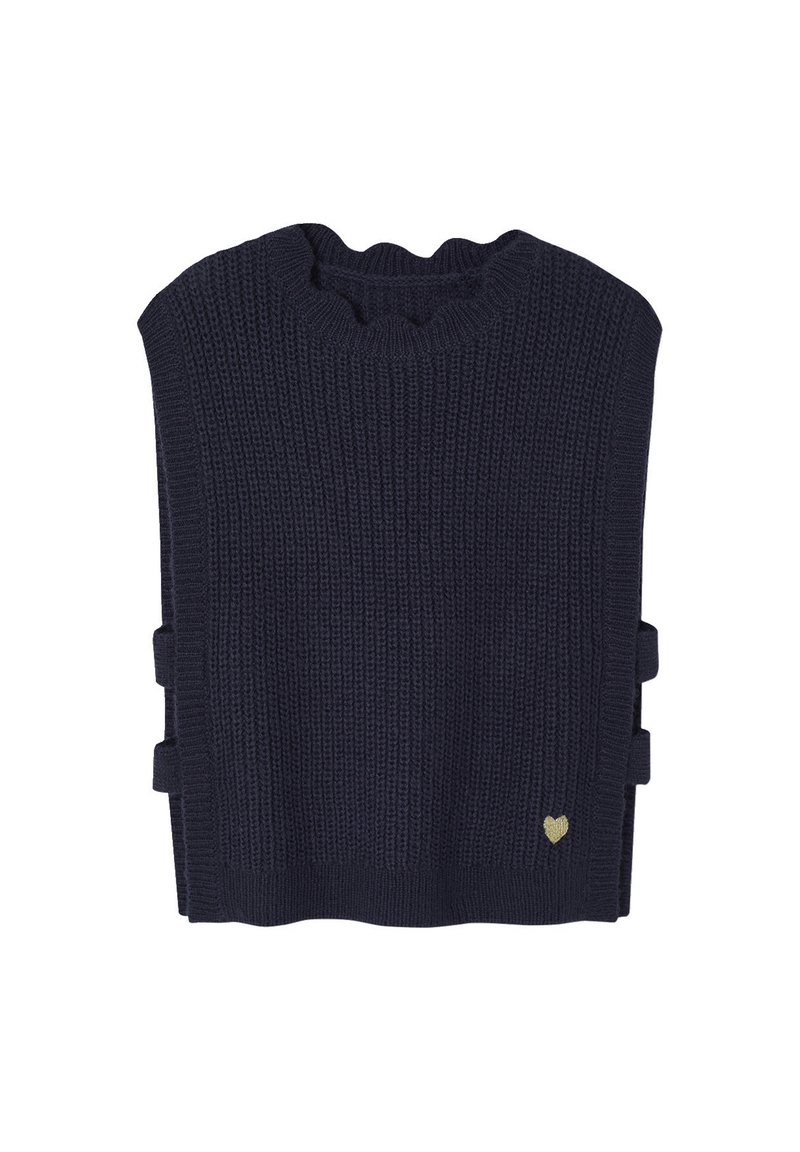 Marineblauer Strickpullover mit gerippter Textur, runder Halslinie, seitlichen Akzenten und einem kleinen goldenen Herz-Emblem am unteren Rand.