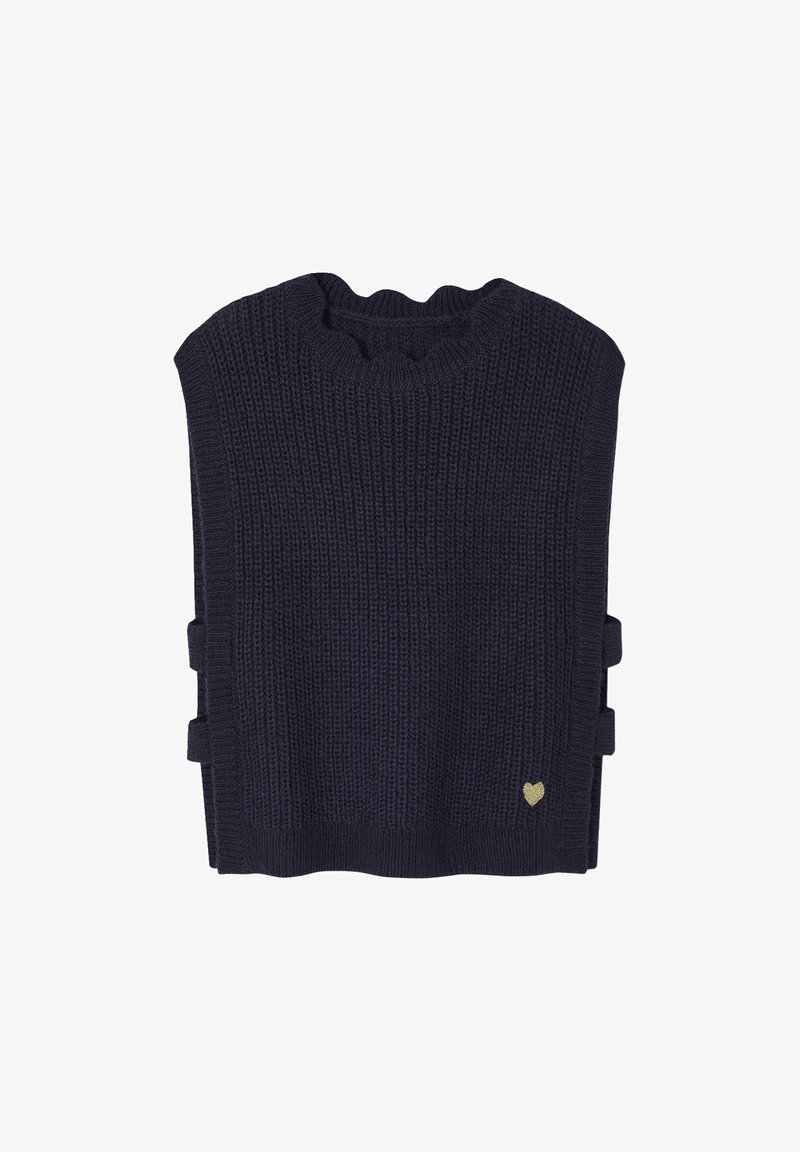 Marineblauer Strickpullover mit gerippter Textur, runder Halslinie, seitlichen Akzenten und einem kleinen goldenen Herz-Emblem am unteren Rand.