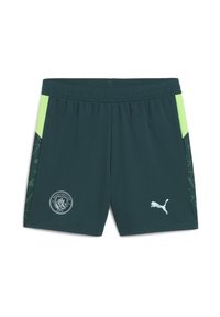 Gröna sportshorts med en elastisk midja, svarta och neongröna sidodetaljer, geometriska mönster och logotyper för Manchester City och Puma.