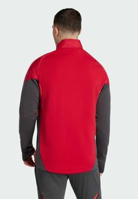 Red and gray athletic jacket with a high collar and long sleeves, featuring contrasting fabrics and a smooth texture, designed for comfort.