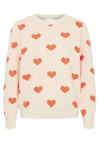 Pull beige clair à texture douce, avec un motif intégral de cœurs orange. Col rond, manches longues et poignets côtelés.